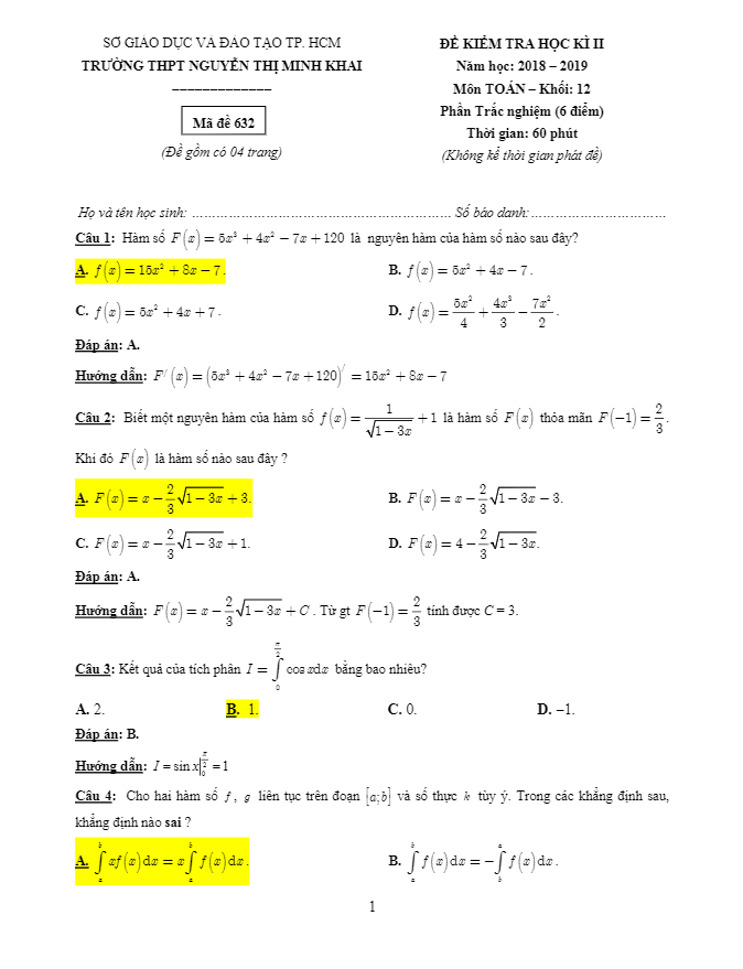 Đề thi học kì 2 Toán 12 năm 2018 – 2019 trường Nguyễn Thị Minh Khai – TP HCM
