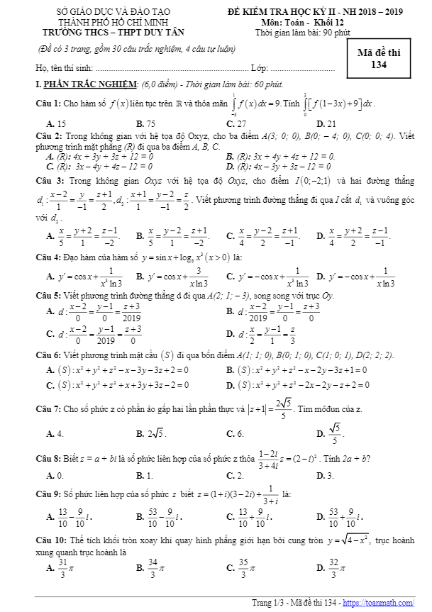 Đề thi học kì 2 Toán 12 năm 2018 – 2019 trường THCS – THPT Duy Tân – TP HCM