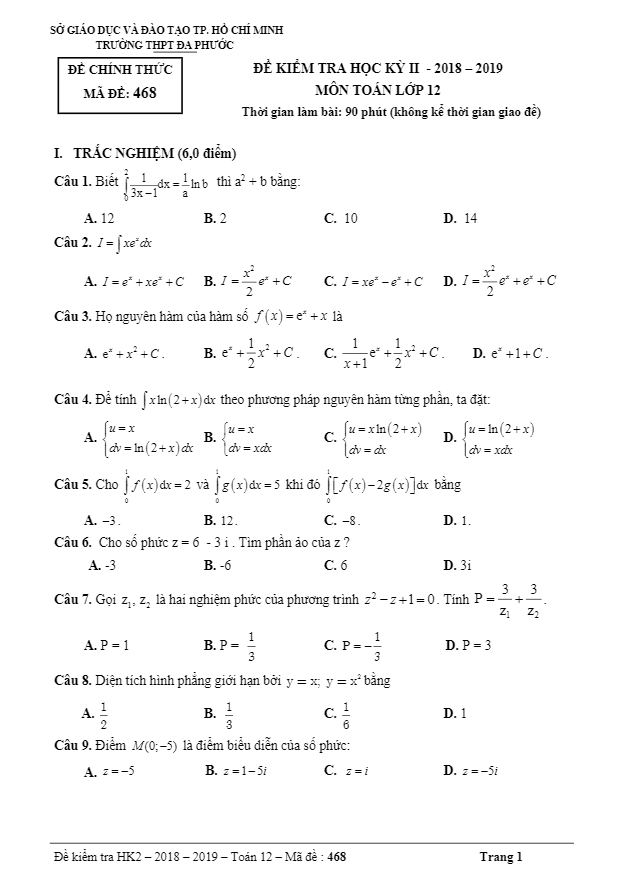 Đề thi học kì 2 Toán 12 năm 2018 – 2019 trường THPT Đa Phước – TP HCM