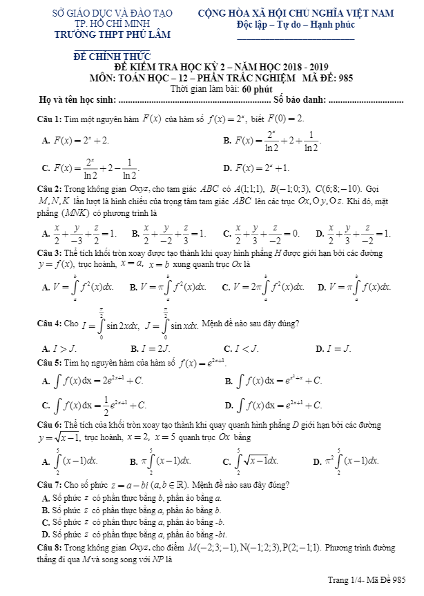 Đề thi học kì 2 Toán 12 năm 2018 – 2019 trường THPT Phú Lâm – TP HCM