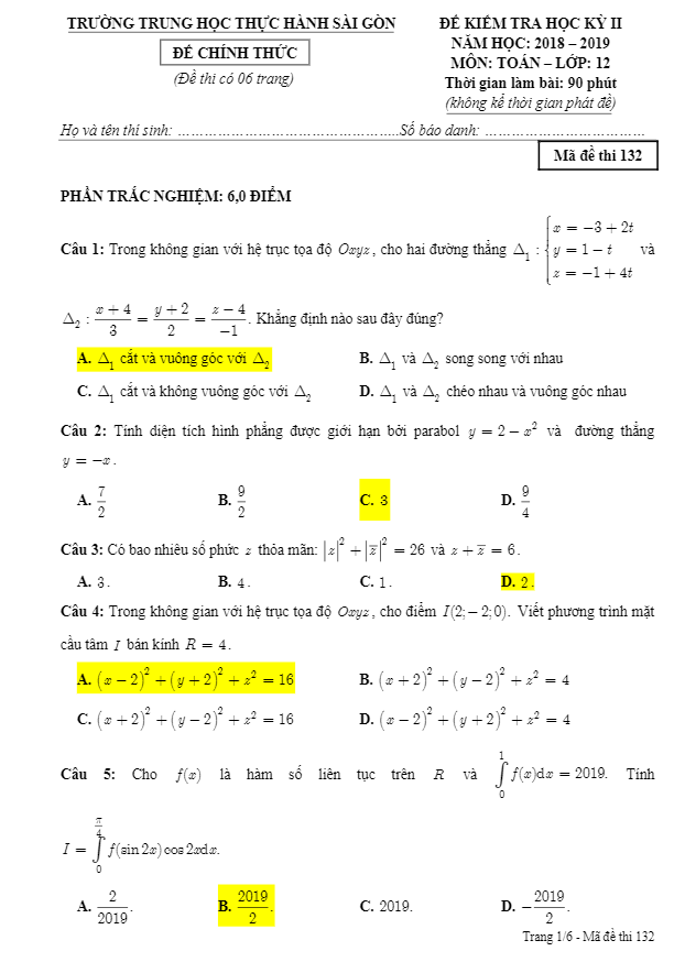 Đề thi học kì 2 Toán 12 năm 2018 – 2019 trường trung học Thực Hành Sài Gòn – TP HCM