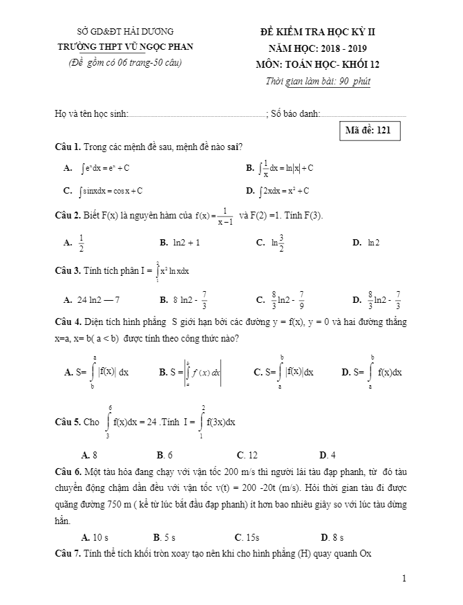 Đề thi học kì 2 Toán 12 năm 2018 – 2019 trường Vũ Ngọc Phan – Hải Dương