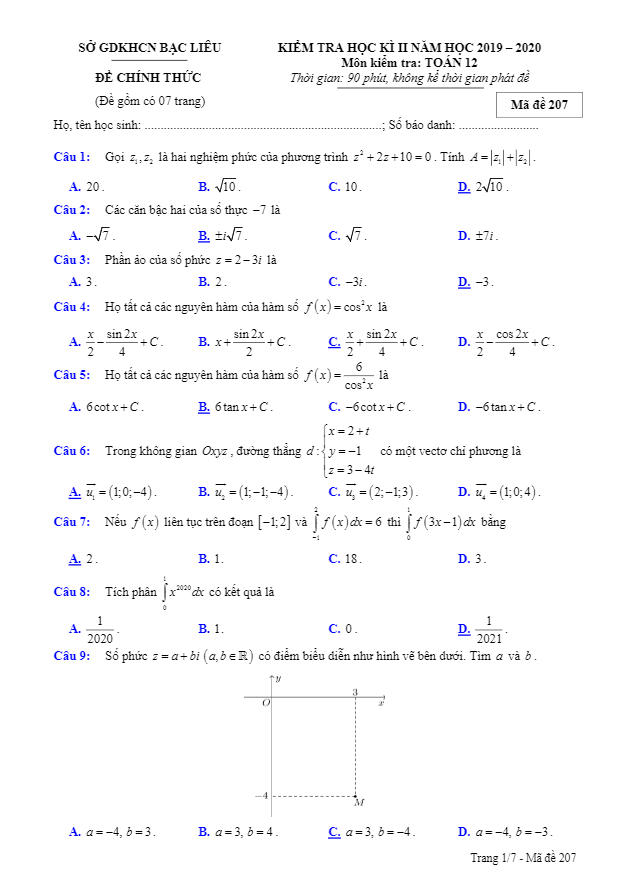 Đề thi học kì 2 Toán 12 năm 2019 – 2020 sở GDKHCN Bạc Liêu