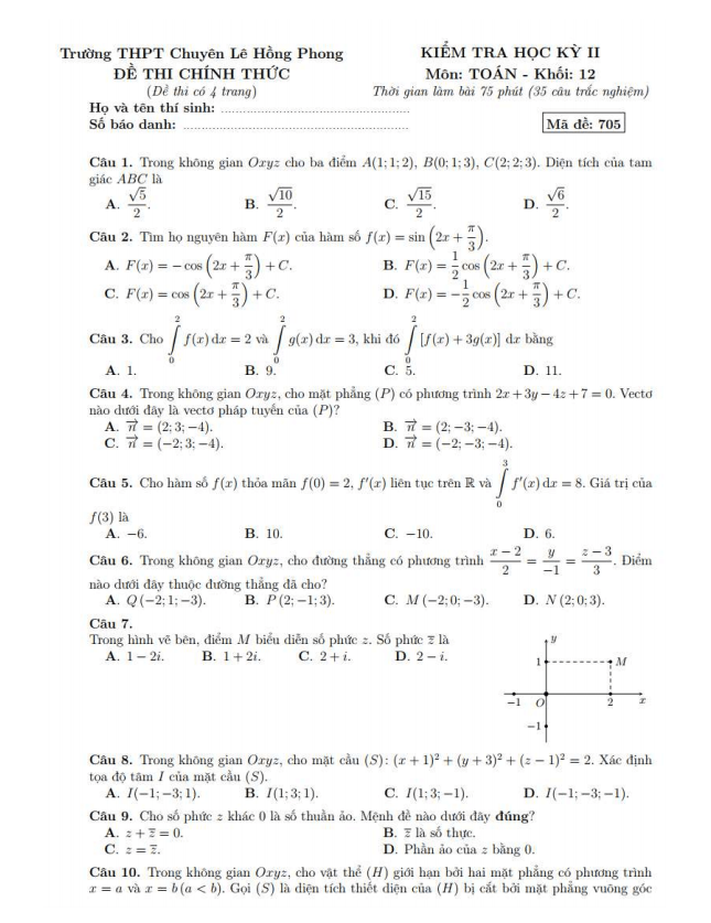 Đề thi học kì 2 Toán 12 năm 2019 – 2020 trường chuyên Lê Hồng Phong – TP HCM
