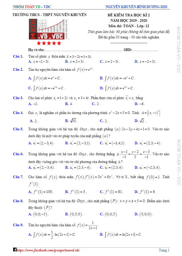 Đề thi học kì 2 Toán 12 năm 2019 – 2020 trường Nguyễn Khuyến – Bình Dương
