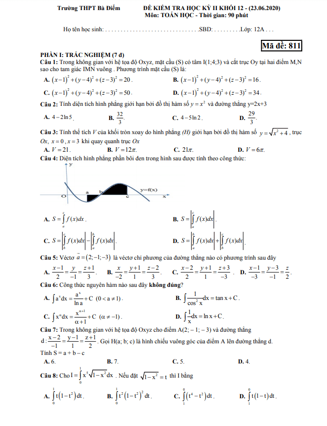 Đề thi học kì 2 Toán 12 năm 2019 – 2020 trường THPT Bà Điểm – TP HCM