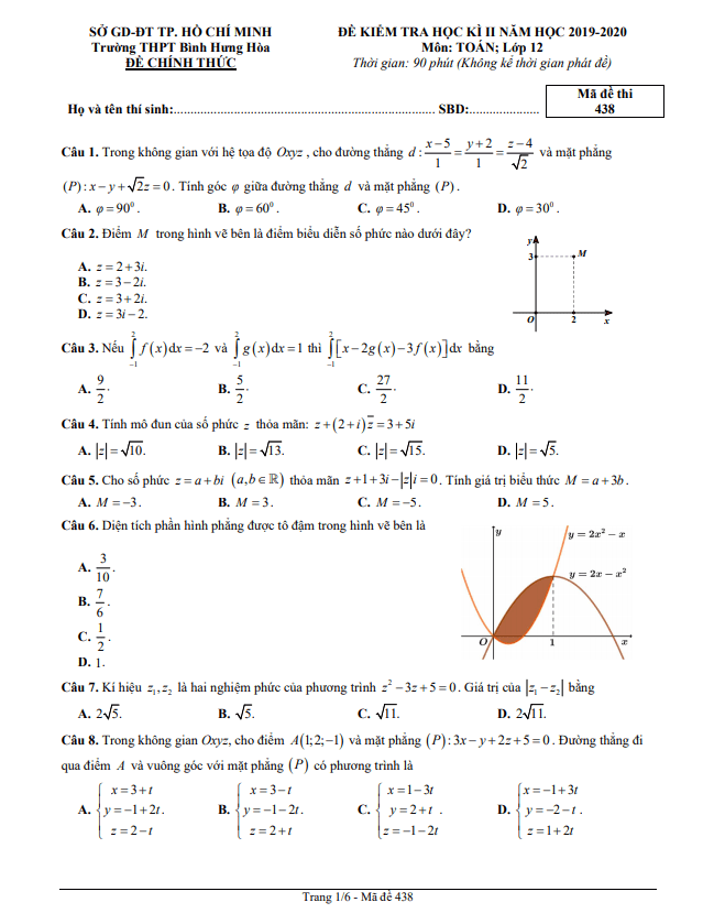 Đề thi học kì 2 Toán 12 năm 2019 – 2020 trường THPT Bình Hưng Hòa – TP HCM
