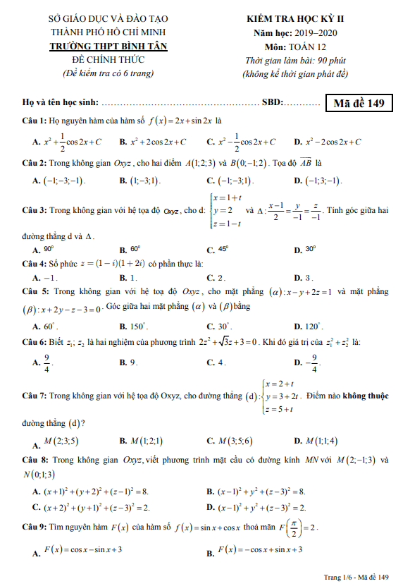 Đề thi học kì 2 Toán 12 năm 2019 – 2020 trường THPT Bình Tân – TP HCM