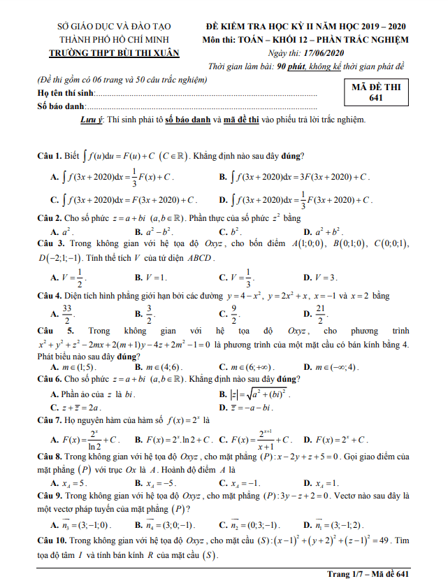 Đề thi học kì 2 Toán 12 năm 2019 – 2020 trường THPT Bùi Thị Xuân – TP HCM