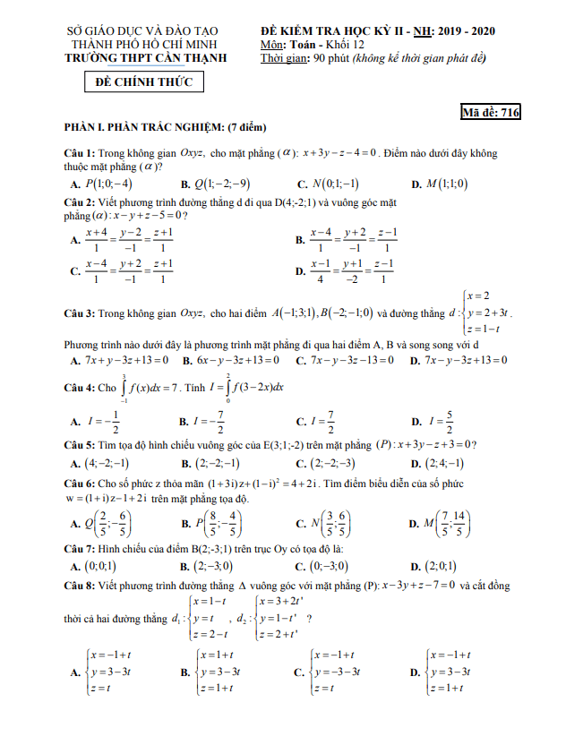 Đề thi học kì 2 Toán 12 năm 2019 – 2020 trường THPT Cần Thạnh – TP HCM