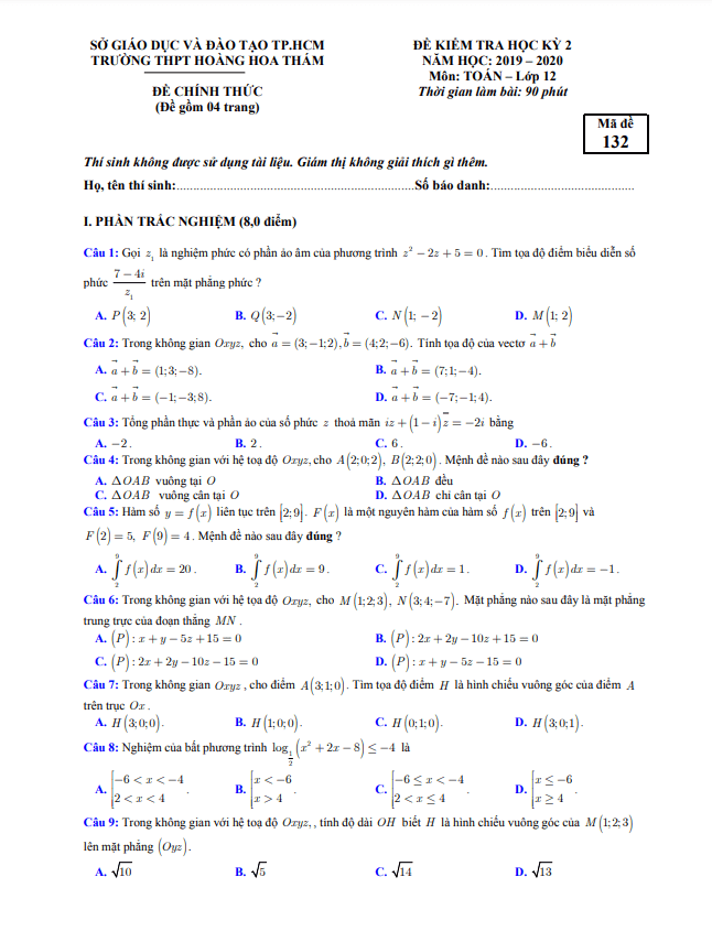 Đề thi học kì 2 Toán 12 năm 2019 – 2020 trường THPT Hoàng Hoa Thám – TP HCM