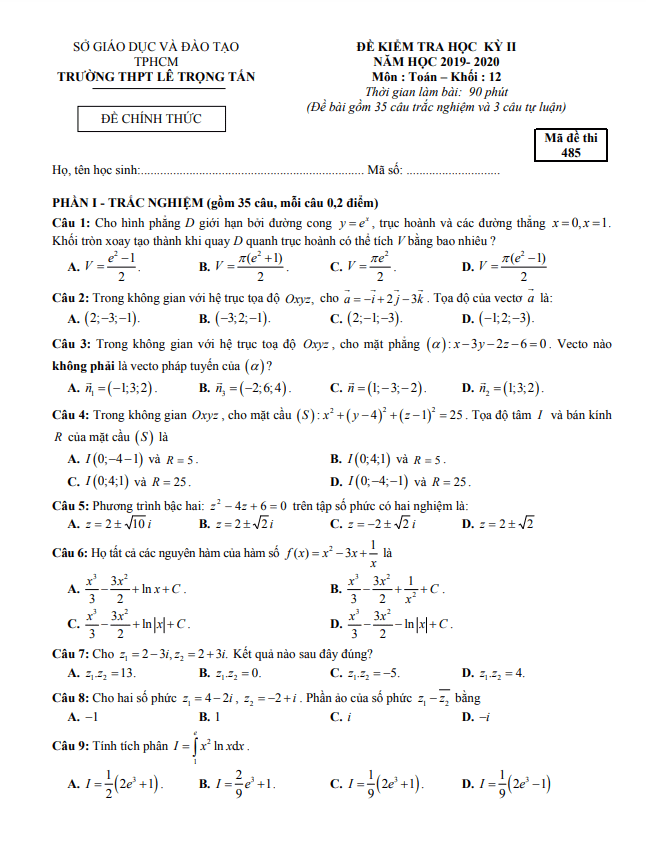 Đề thi học kì 2 Toán 12 năm 2019 – 2020 trường THPT Lê Trọng Tấn – TP HCM