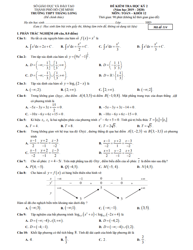 Đề thi học kì 2 Toán 12 năm 2019 – 2020 trường THPT Thăng Long – TP HCM
