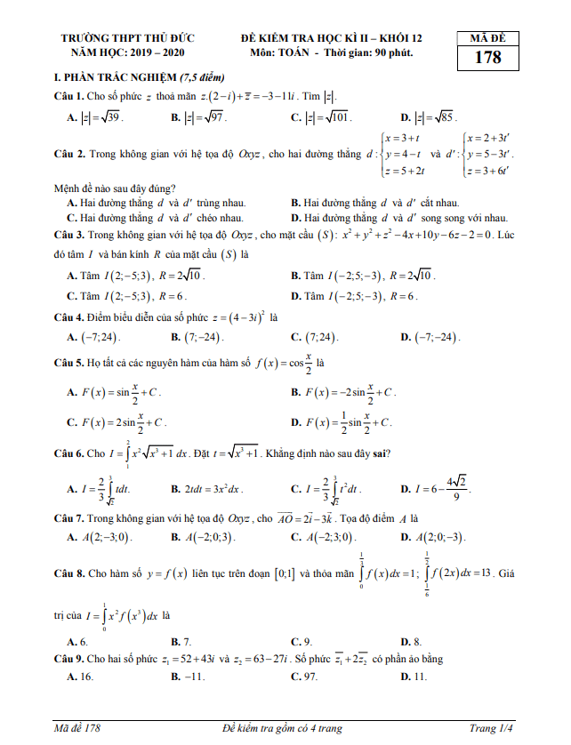 Đề thi học kì 2 Toán 12 năm 2019 – 2020 trường THPT Thủ Đức – TP HCM