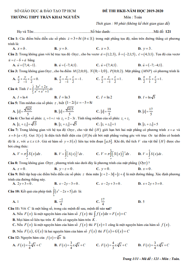 Đề thi học kì 2 Toán 12 năm 2019 – 2020 trường THPT Trần Khai Nguyên – TP HCM
