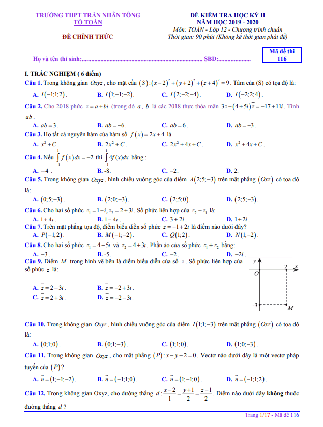 Đề thi học kì 2 Toán 12 năm 2019 – 2020 trường THPT Trần Nhân Tông – TP HCM