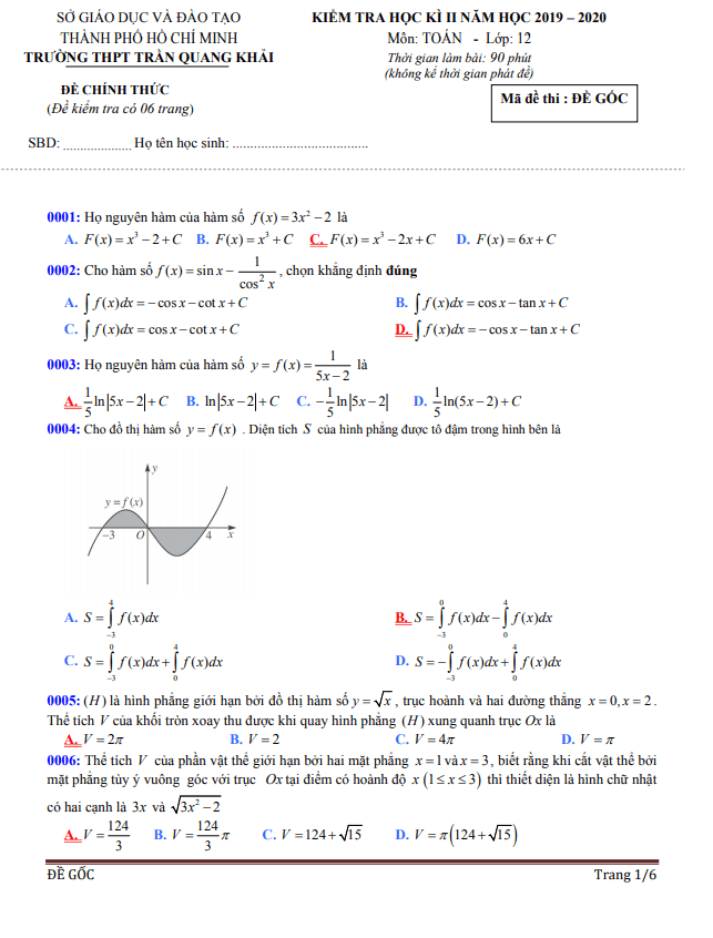 Đề thi học kì 2 Toán 12 năm 2019 – 2020 trường THPT Trần Quang Khải – TP HCM