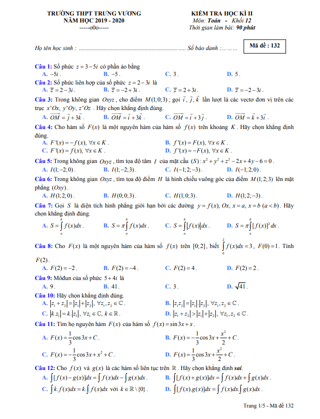 Đề thi học kì 2 Toán 12 năm 2019 – 2020 trường THPT Trưng Vương – TP HCM