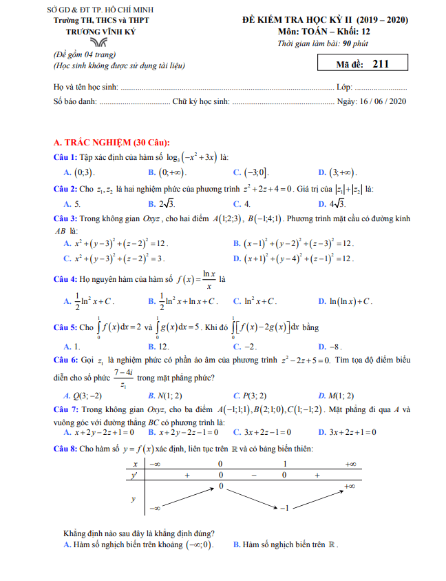 Đề thi học kì 2 Toán 12 năm 2019 – 2020 trường Trương Vĩnh Ký – TP HCM