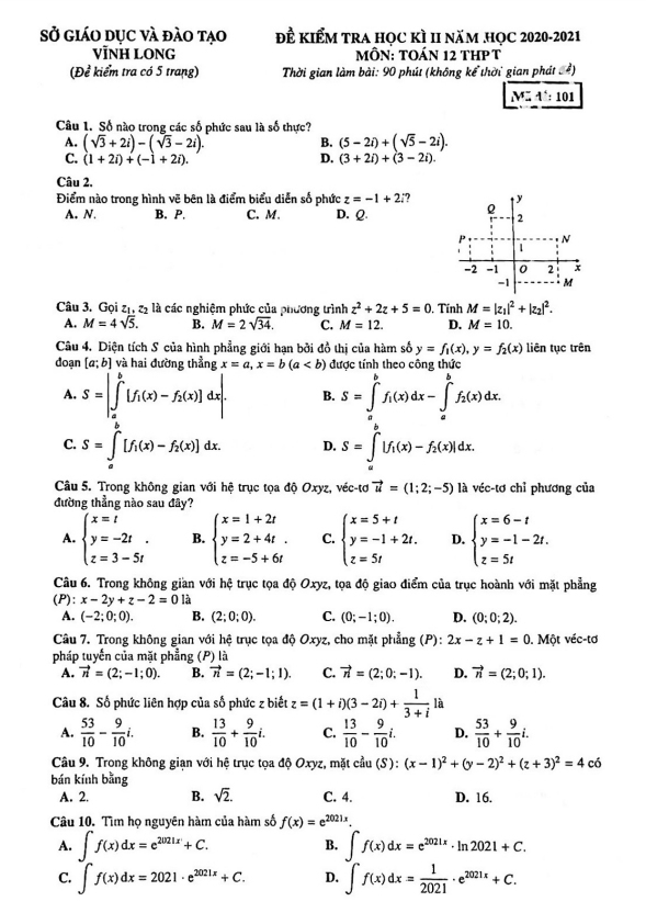 Đề thi học kì 2 Toán 12 năm 2020 – 2021 sở GD&ĐT Vĩnh Long