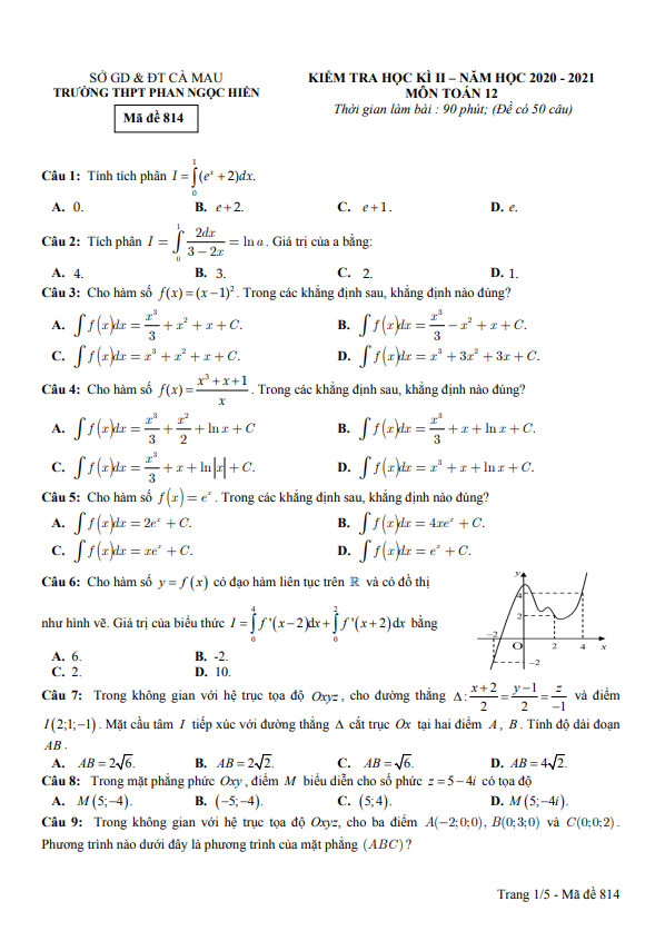 Đề thi học kì 2 Toán 12 năm 2020 – 2021 trường Phan Ngọc Hiển – Cà Mau