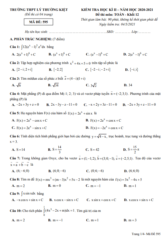 Đề thi học kì 2 Toán 12 năm 2020 – 2021 trường THPT Lý Thường Kiệt – TP HCM
