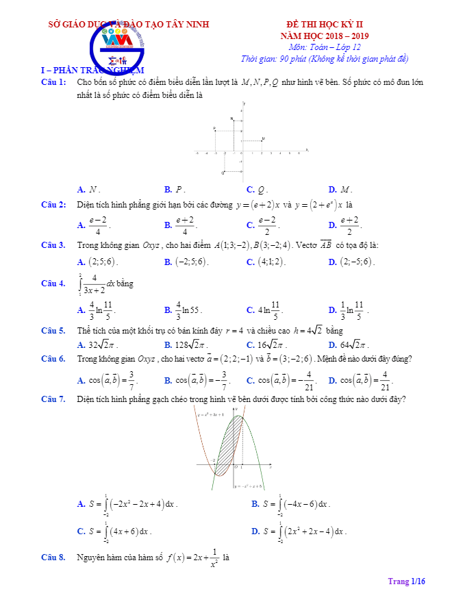 Đề thi học kì 2 Toán 12 năm học 2018 – 2019 sở GD&ĐT Tây Ninh