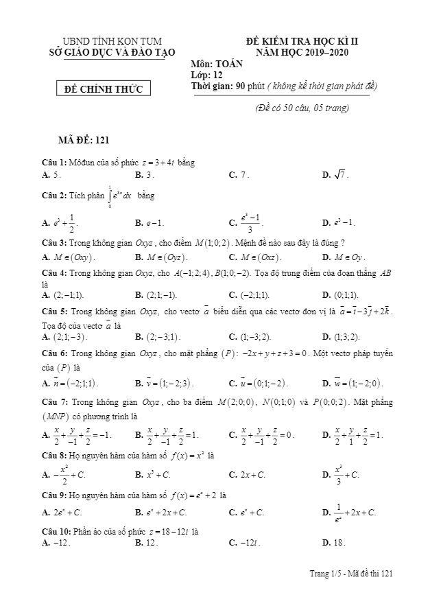 Đề thi học kì 2 Toán 12 năm học 2019 – 2020 sở GD&ĐT Kon Tum