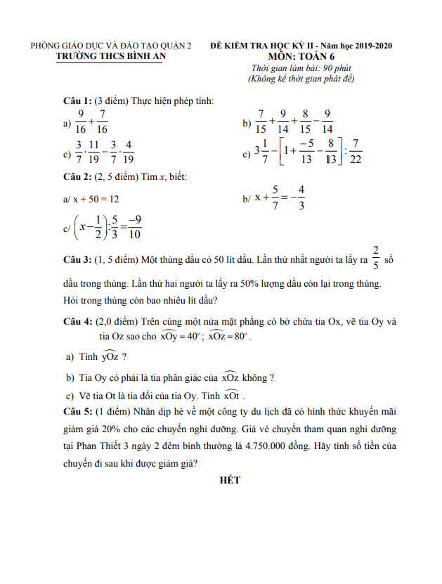 Đề thi học kì 2 Toán 6 năm 2019 – 2020 trường THCS Bình An – TP HCM