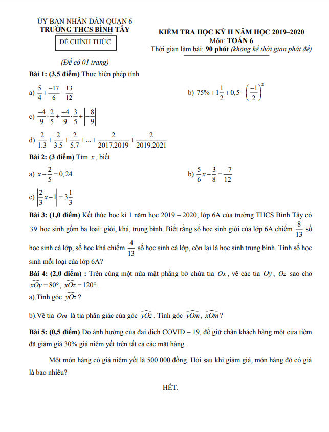 Đề thi học kì 2 Toán 6 năm 2019 – 2020 trường THCS Bình Tây – TP HCM