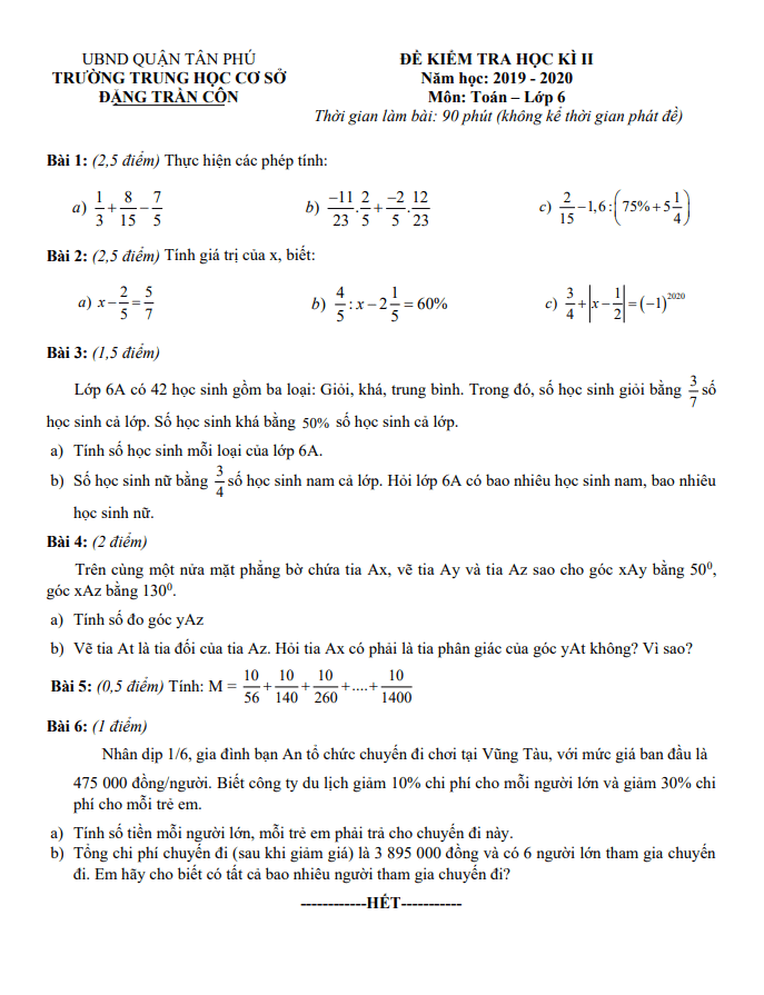 Đề thi học kì 2 Toán 6 năm 2019 – 2020 trường THCS Đặng Trần Côn – TP HCM