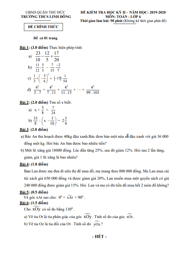 Đề thi học kì 2 Toán 6 năm 2019 – 2020 trường THCS Linh Đông – TP HCM