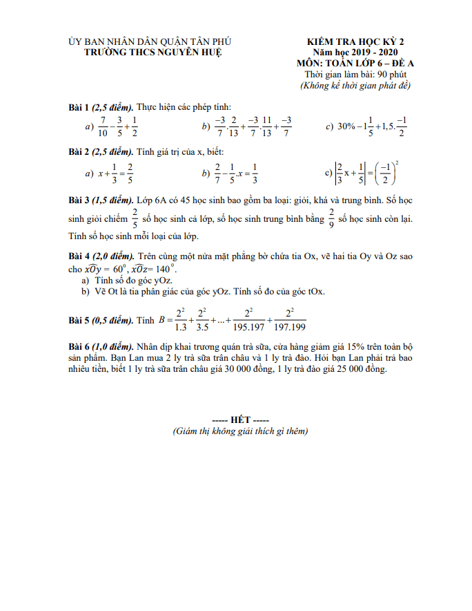 Đề thi học kì 2 Toán 6 năm 2019 – 2020 trường THCS Nguyễn Huệ – TP HCM
