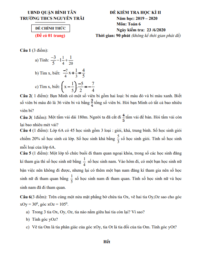 Đề thi học kì 2 Toán 6 năm 2019 – 2020 trường THCS Nguyễn Trãi – TP HCM