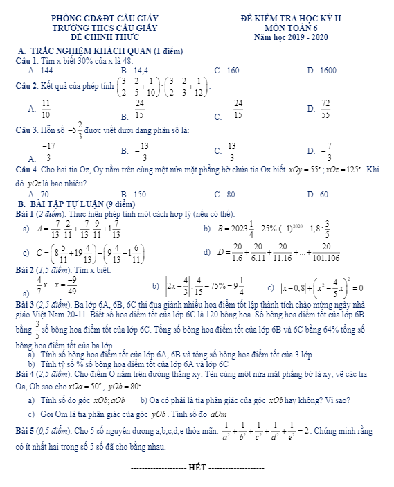 Đề thi học kì 2 Toán 6 năm học 2019 – 2020 trường THCS Cầu Giấy – Hà Nội