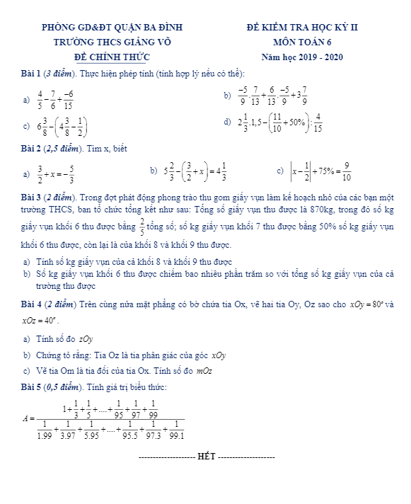 Đề thi học kì 2 Toán 6 năm học 2019 – 2020 trường THCS Giảng Võ – Hà Nội