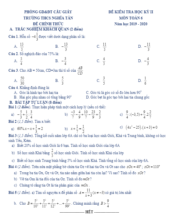 Đề thi học kì 2 Toán 6 năm học 2019 – 2020 trường THCS Nghĩa Tân – Hà Nội