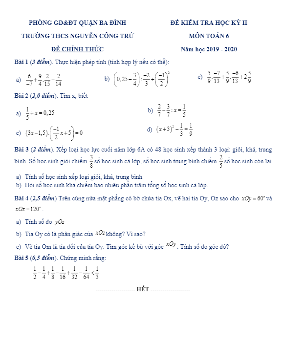 Đề thi học kì 2 Toán 6 năm học 2019 – 2020 trường THCS Nguyễn Công Trứ – Hà Nội