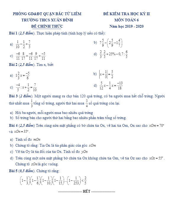 Đề thi học kì 2 Toán 6 năm học 2019 – 2020 trường THCS Xuân Đỉnh – Hà Nội