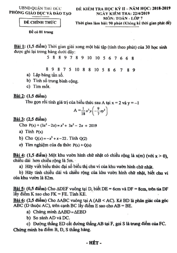 Đề thi học kì 2 Toán 7 năm 2018 – 2019 phòng GD&ĐT Thủ Đức – TP HCM