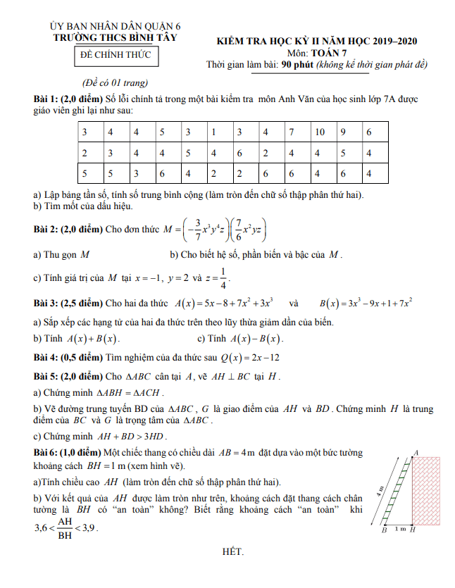 Đề thi học kì 2 Toán 7 năm 2019 – 2020 trường THCS Bình Tây – TP HCM
