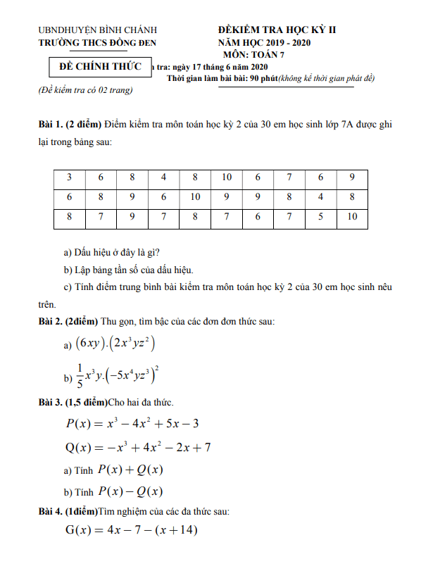 Đề thi học kì 2 Toán 7 năm 2019 – 2020 trường THCS Đồng Đen – TP HCM