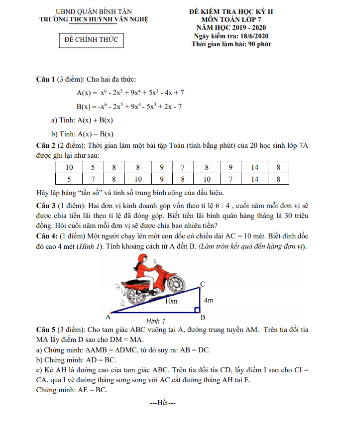 Đề thi học kì 2 Toán 7 năm 2019 – 2020 trường THCS Huỳnh Văn Nghệ – TP HCM