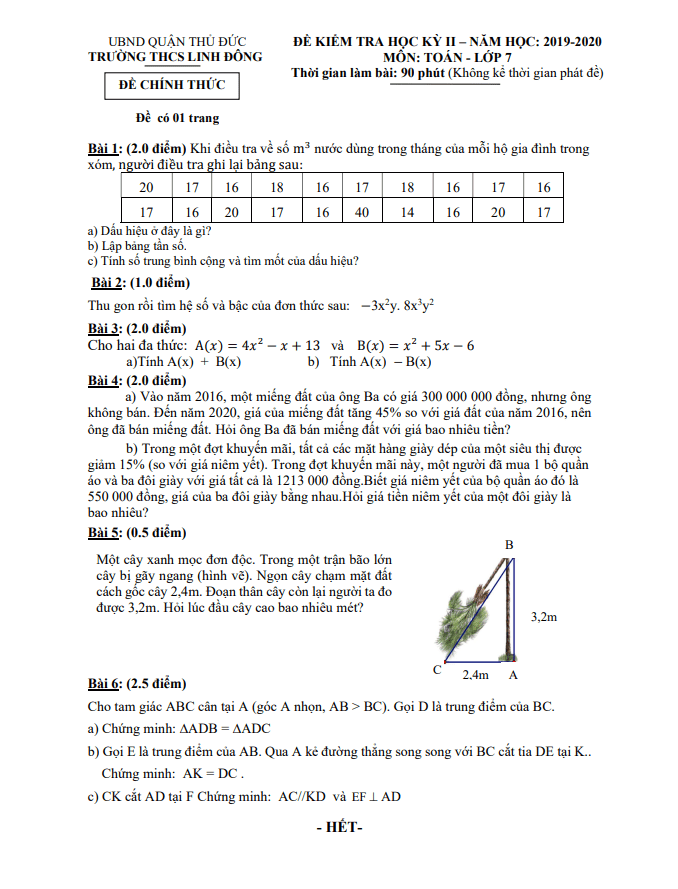 Đề thi học kì 2 Toán 7 năm 2019 – 2020 trường THCS Linh Đông – TP HCM