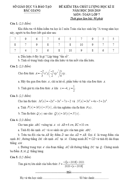 Đề thi học kì 2 Toán 7 năm học 2018 – 2019 sở GD&ĐT Bắc Giang