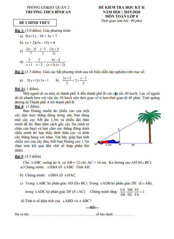 Đề thi học kì 2 Toán 8 năm 2019 – 2020 trường THCS Bình An – TP HCM