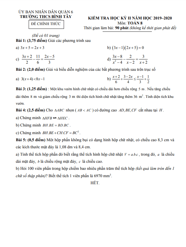 Đề thi học kì 2 Toán 8 năm 2019 – 2020 trường THCS Bình Tây – TP HCM