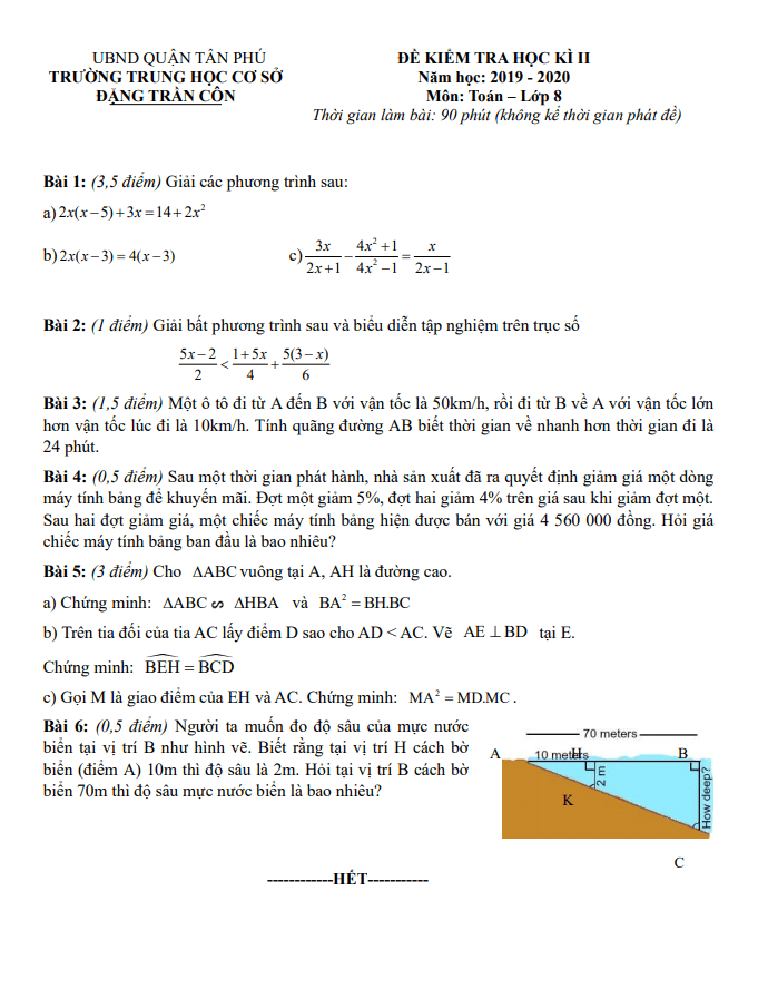 Đề thi học kì 2 Toán 8 năm 2019 – 2020 trường THCS Đặng Trần Côn – TP HCM