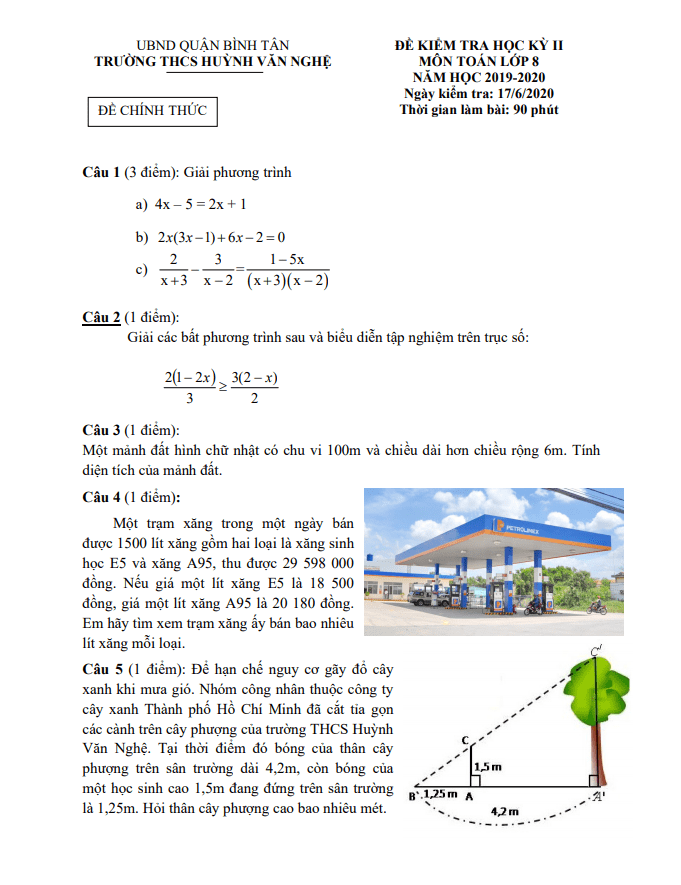 Đề thi học kì 2 Toán 8 năm 2019 – 2020 trường THCS Huỳnh Văn Nghệ – TP HCM