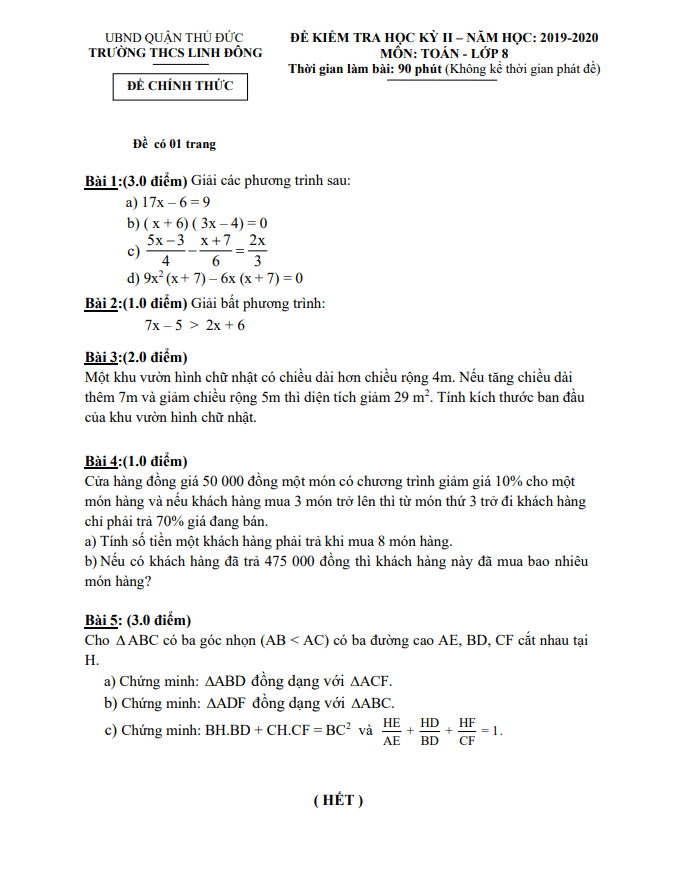Đề thi học kì 2 Toán 8 năm 2019 – 2020 trường THCS Linh Đông – TP HCM